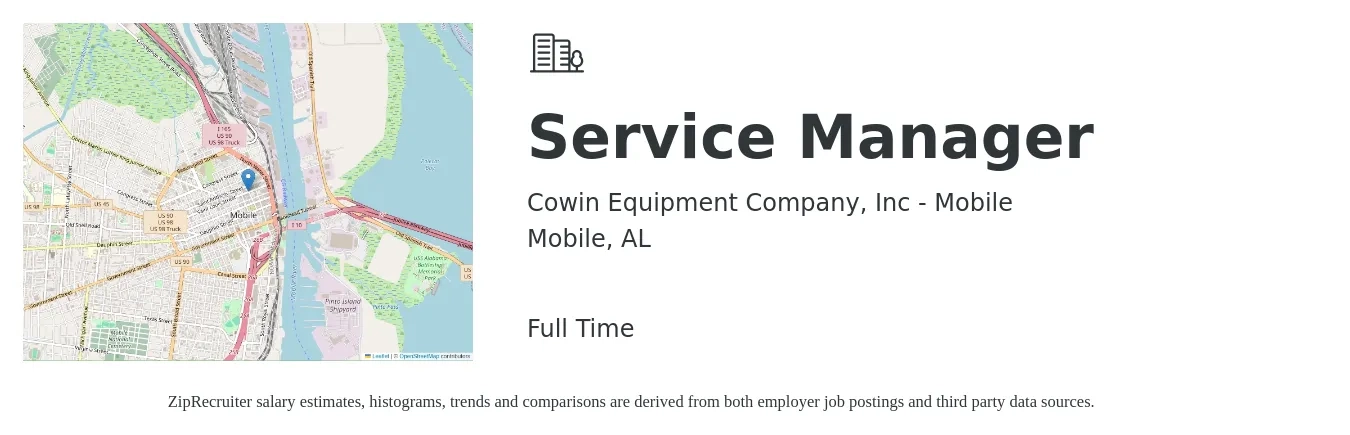 Cowin Equipment Company, Inc - Mobile job posting for a Service Manager in Mobile, AL with a salary of $51,600 to $79,900 Yearly with a map of Mobile location.