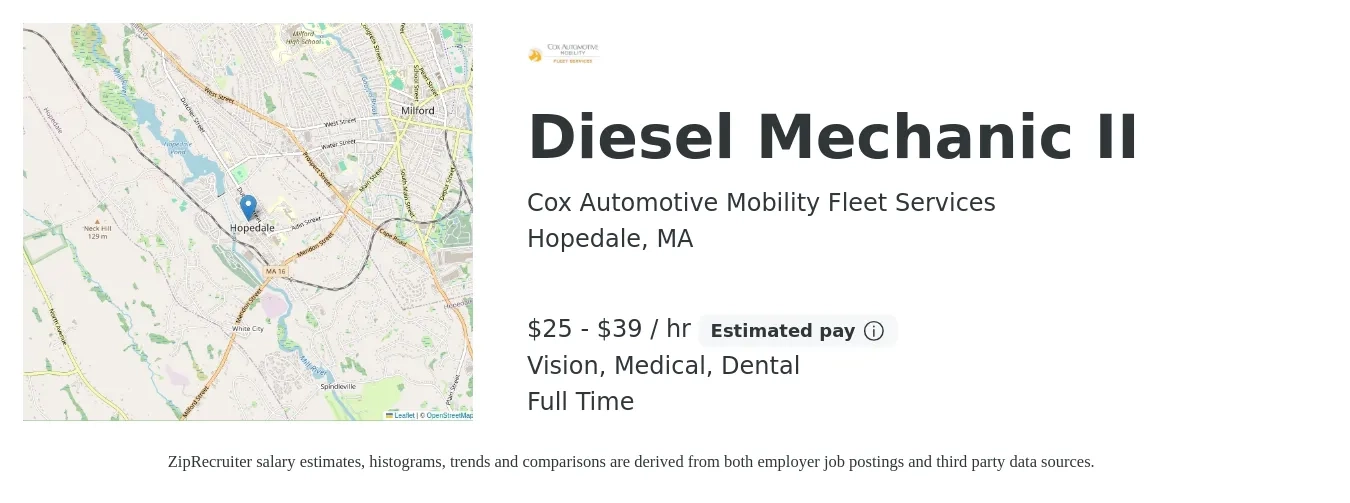Cox Automotive Mobility Fleet Services job posting for a Diesel Mechanic II in Hopedale, MA with a salary of $27 to $41 Hourly and benefits including retirement, vision, dental, and medical with a map of Hopedale location.