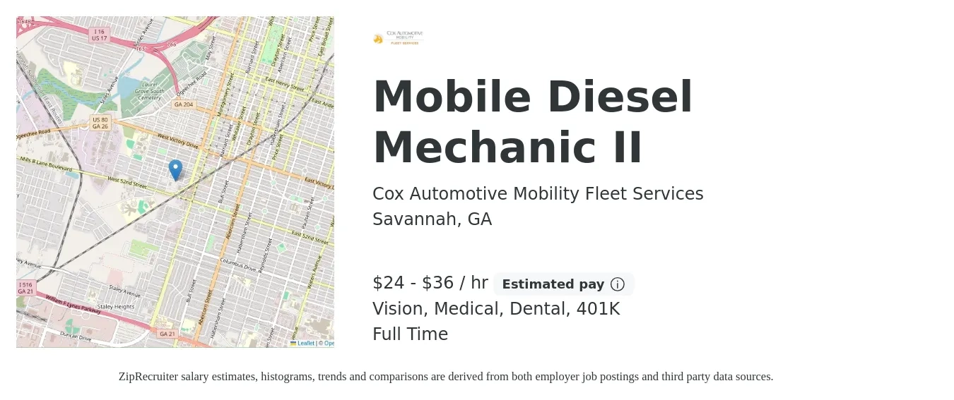 Cox Automotive Mobility Fleet Services job posting for a Mobile Diesel Mechanic II in Savannah, GA with a salary of $25 to $38 Hourly and benefits including medical, vision, 401k, and dental with a map of Savannah location.