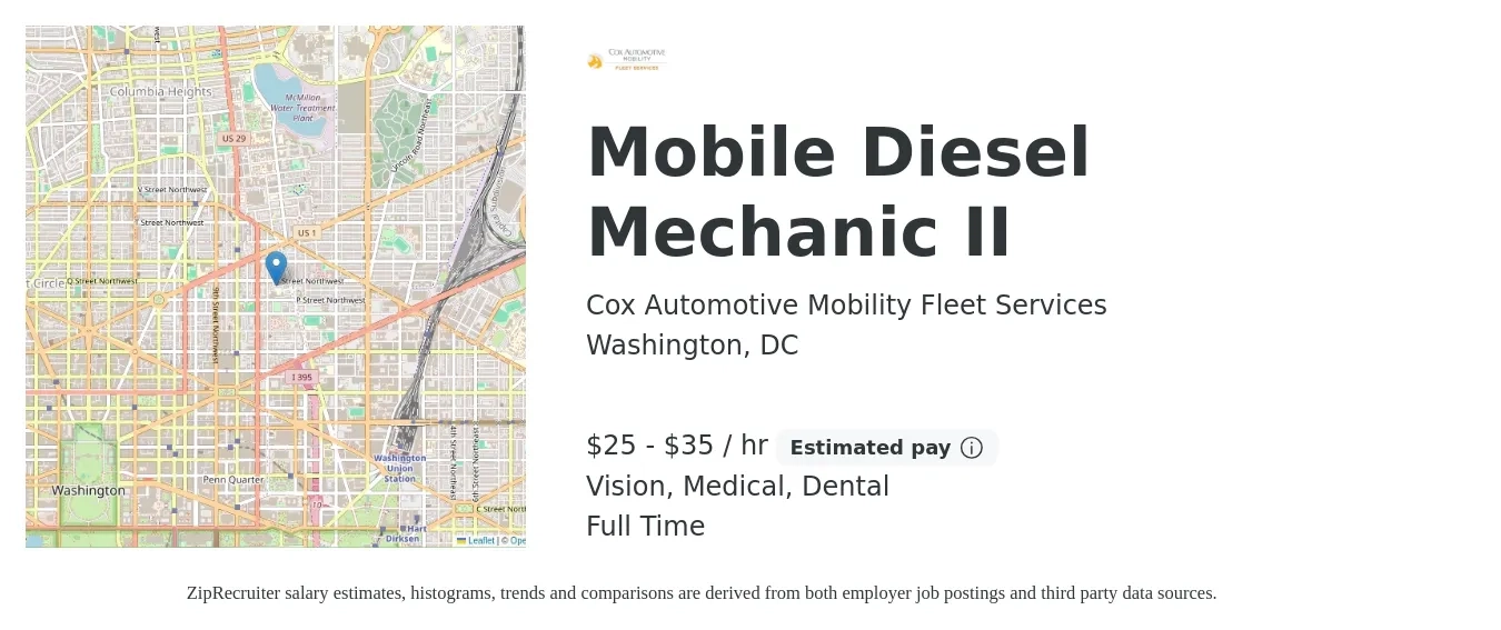 Cox Automotive Mobility Fleet Services job posting for a Mobile Diesel Mechanic II in Washington, DC with a salary of $26 to $37 Hourly and benefits including dental, medical, retirement, and vision with a map of Washington location.