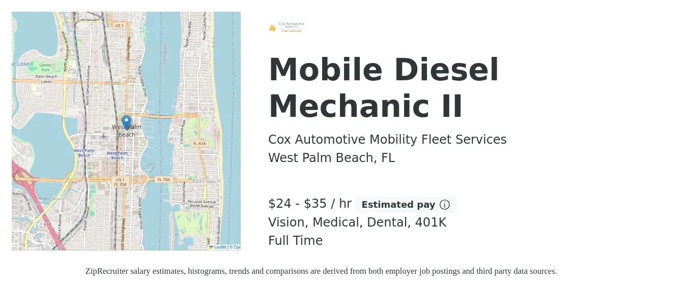 Cox Automotive Mobility Fleet Services job posting for a Mobile Diesel Mechanic II in West Palm Beach, FL with a salary of $25 to $37 Hourly and benefits including dental, medical, vision, and 401k with a map of West Palm Beach location.