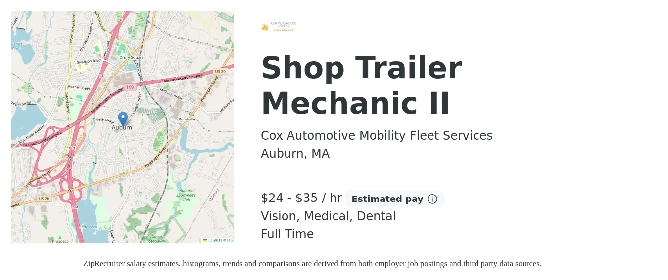 Cox Automotive Mobility Fleet Services job posting for a Shop Trailer Mechanic II in Auburn, MA with a salary of $25 to $37 Hourly and benefits including dental, medical, retirement, and vision with a map of Auburn location.