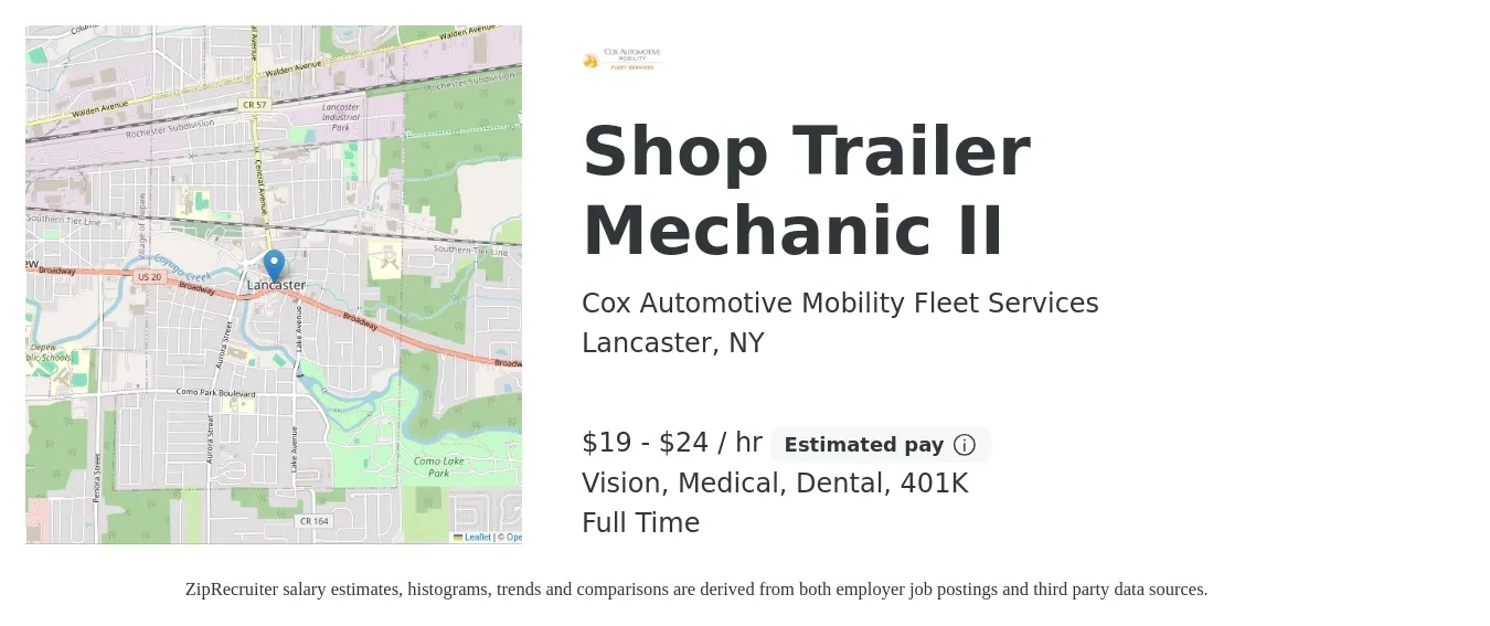 Cox Automotive Mobility Fleet Services job posting for a Shop Trailer Mechanic II in Lancaster, NY with a salary of $20 to $25 Hourly and benefits including medical, vision, 401k, and dental with a map of Lancaster location.