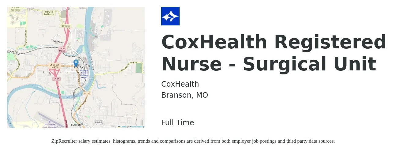 CoxHealth job posting for a CoxHealth Registered Nurse - Surgical Unit in Branson, MO with a salary of $1,540 to $2,250 Weekly with a map of Branson location.