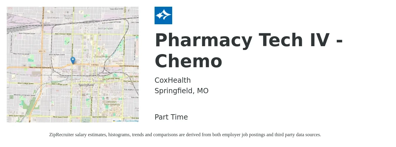 CoxHealth job posting for a Pharmacy Tech IV - Chemo in Springfield, MO with a salary of $15 to $18 Hourly with a map of Springfield location.