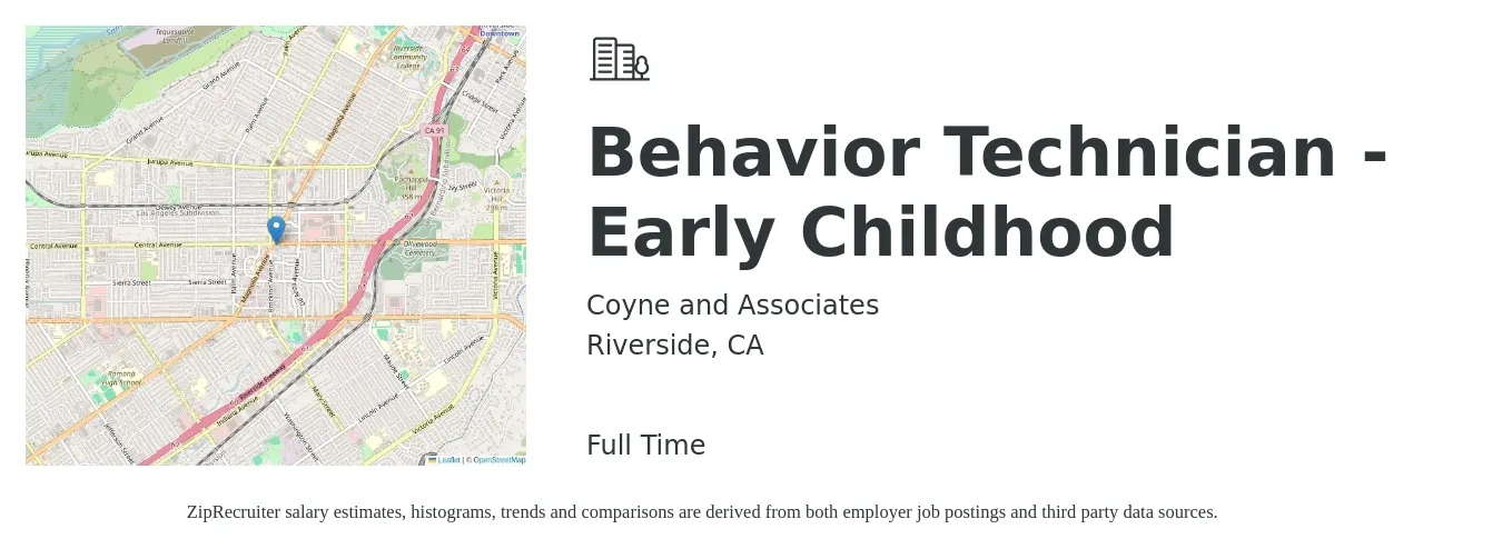 Coyne and Associates job posting for a Behavior Technician - Early Childhood in Riverside, CA with a salary of $23 Hourly with a map of Riverside location.