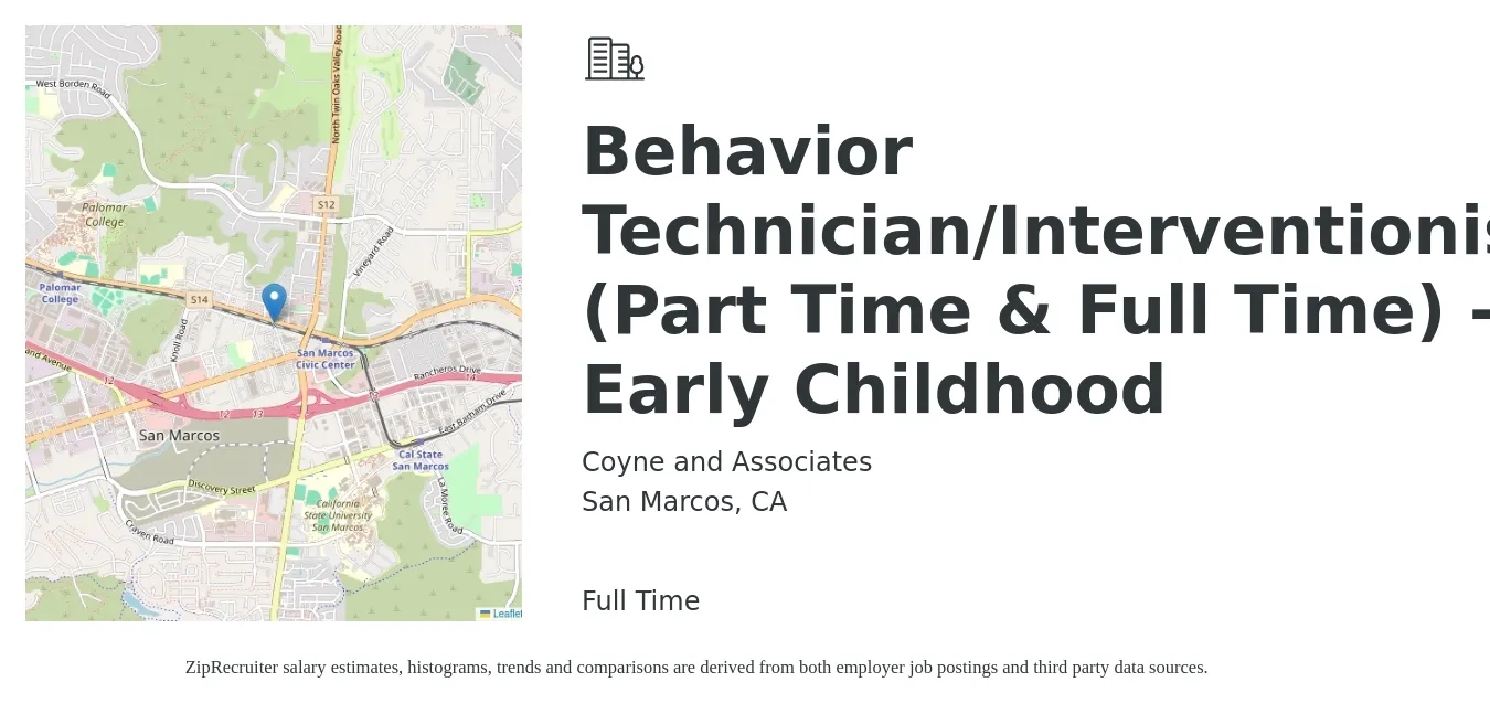 Coyne and Associates job posting for a Behavior Technician/Interventionist (Part Time & Full Time) - Early Childhood in San Marcos, CA with a salary of $23 Hourly with a map of San Marcos location.