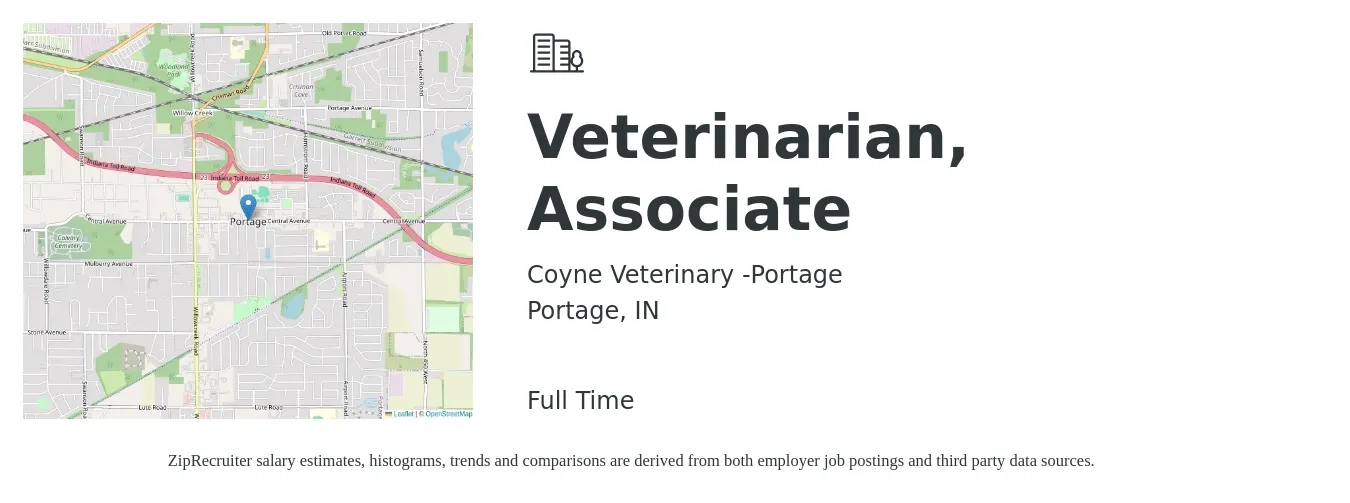 Coyne Veterinary -Portage job posting for a Veterinarian, Associate in Portage, IN with a salary of $94,000 to $151,800 Yearly with a map of Portage location.