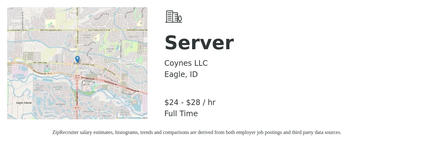 Coynes job posting for a Server in Eagle, ID with a salary of $25 to $30 Hourly with a map of Eagle location.