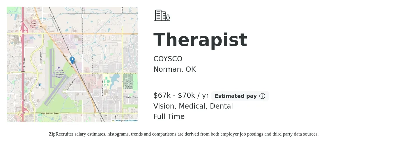 COYSCO job posting for a Therapist in Norman, OK with a salary of $67,000 to $70,000 Yearly and benefits including medical, pto, retirement, vision, and dental with a map of Norman location.