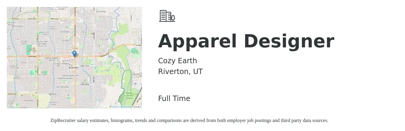Cozy Earth job posting for a Apparel Designer in Riverton, UT with a salary of $49,200 to $85,900 Yearly with a map of Riverton location.