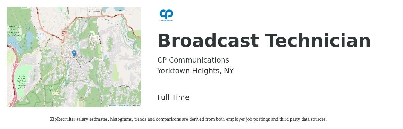 CP Communications job posting for a Broadcast Technician in Yorktown Heights, NY with a salary of $23 to $27 Hourly with a map of Yorktown Heights location.
