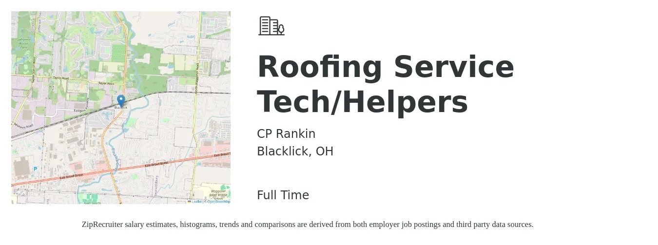 CP Rankin job posting for a Roofing Service Tech/Helpers in Blacklick, OH with a salary of $18 to $29 Hourly with a map of Blacklick location.