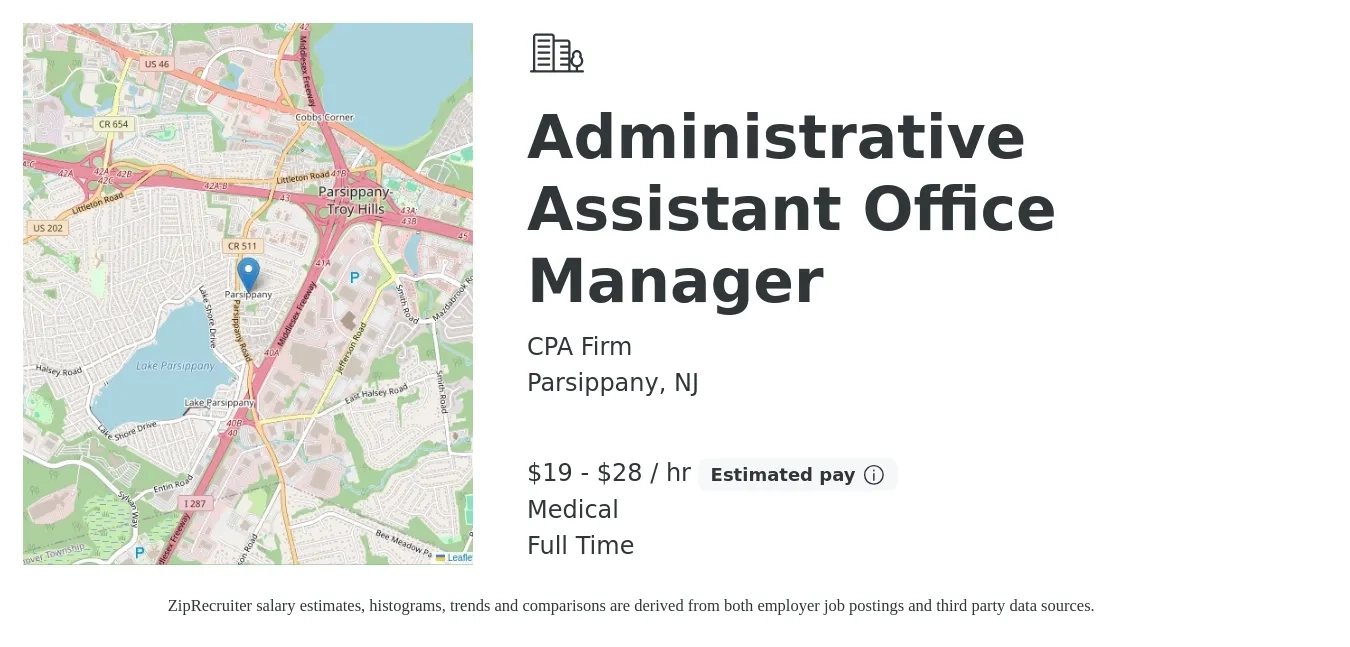 CPA Firm job posting for a Administrative Assistant Office Manager in Parsippany, NJ with a salary of $20 to $30 Hourly and benefits including medical, and retirement with a map of Parsippany location.