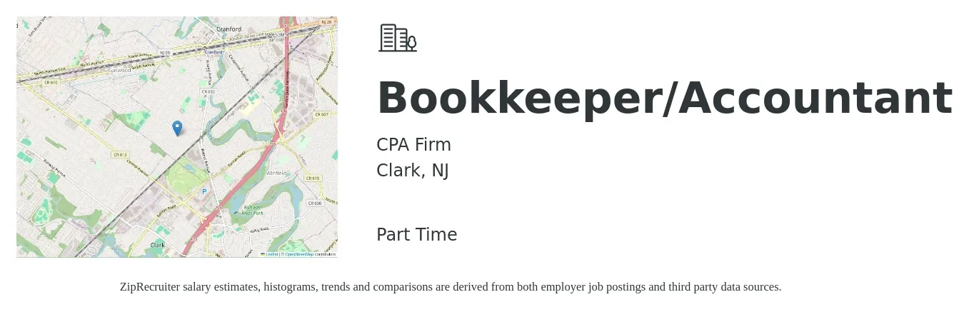 CPA Firm job posting for a Bookkeeper/Accountant in Clark, NJ with a salary of $46,400 to $64,800 Yearly with a map of Clark location.