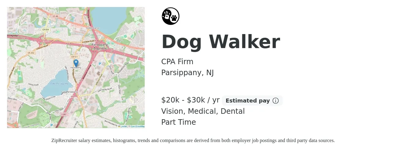CPA Firm job posting for a Dog Walker in Parsippany, NJ with a salary of $20,000 to $30,000 Yearly and benefits including dental, medical, and vision with a map of Parsippany location.