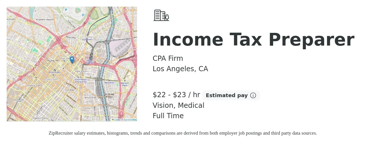 CPA Firm job posting for a Income Tax Preparer in Los Angeles, CA with a salary of $23 to $24 Hourly and benefits including retirement, vision, medical, and pto with a map of Los Angeles location.