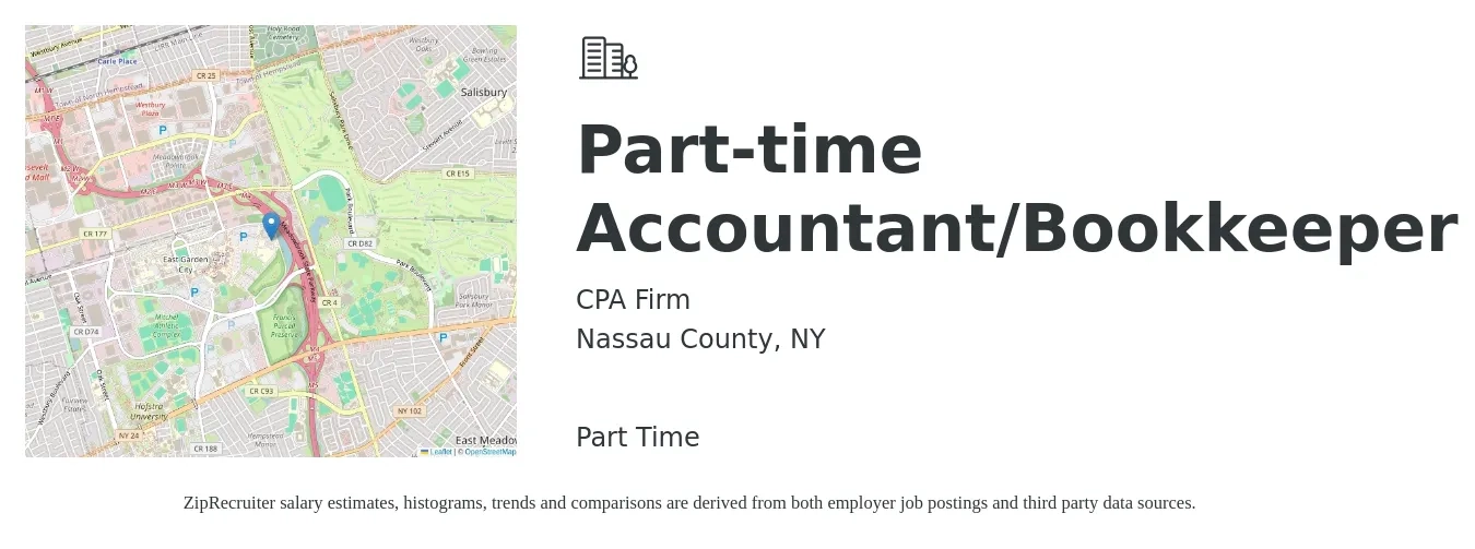 CPA Firm job posting for a Part-time Accountant/Bookkeeper in Nassau County, NY with a salary of $46,800 to $65,300 Yearly and benefits including retirement, life_insurance, and pto with a map of Nassau County location.