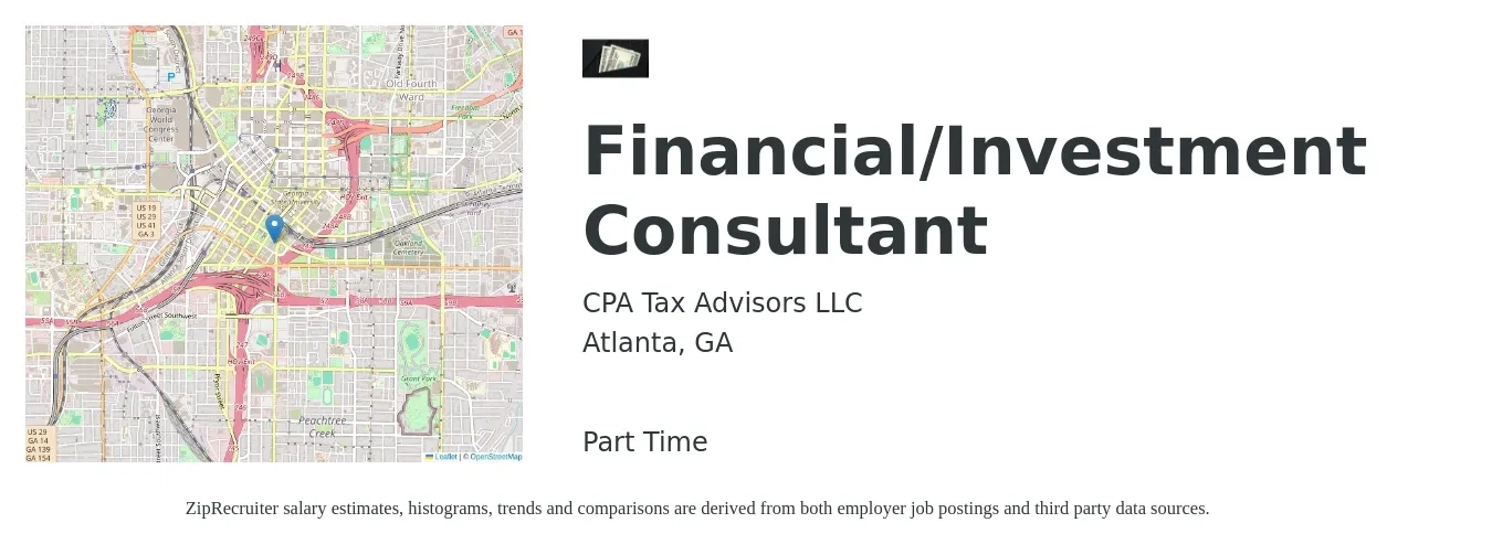 CPA Tax Advisors LLC job posting for a Financial/Investment Consultant in Atlanta, GA with a salary of $76,000 to $120,200 Yearly with a map of Atlanta location.