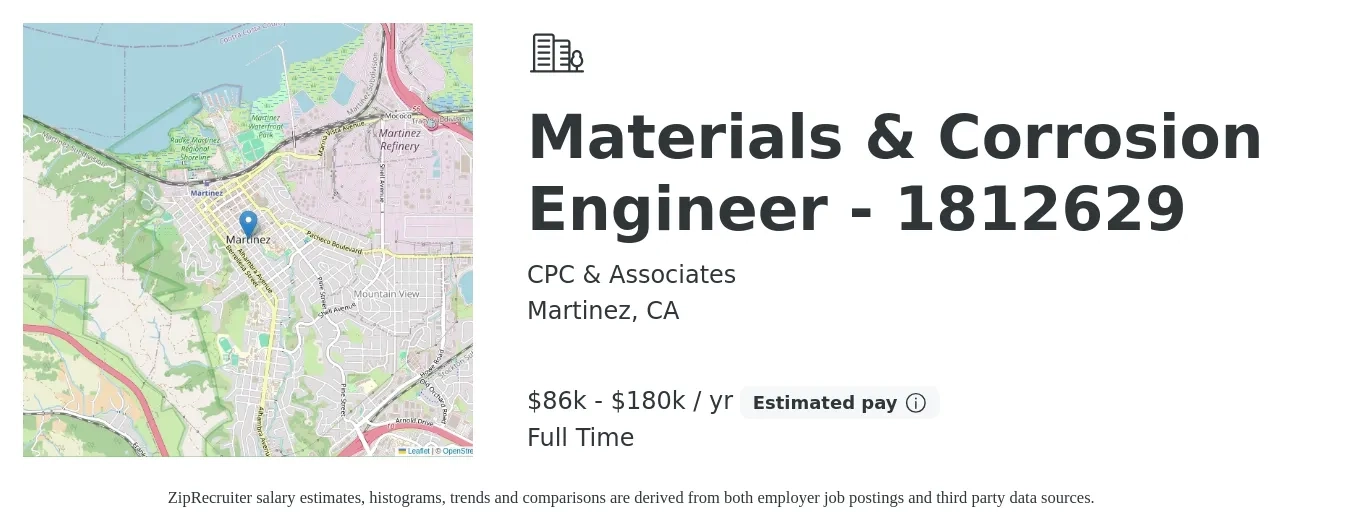 CPC & Associates job posting for a Materials & Corrosion Engineer - 1812629 in Martinez, CA with a salary of $86,000 to $180,000 Yearly with a map of Martinez location.