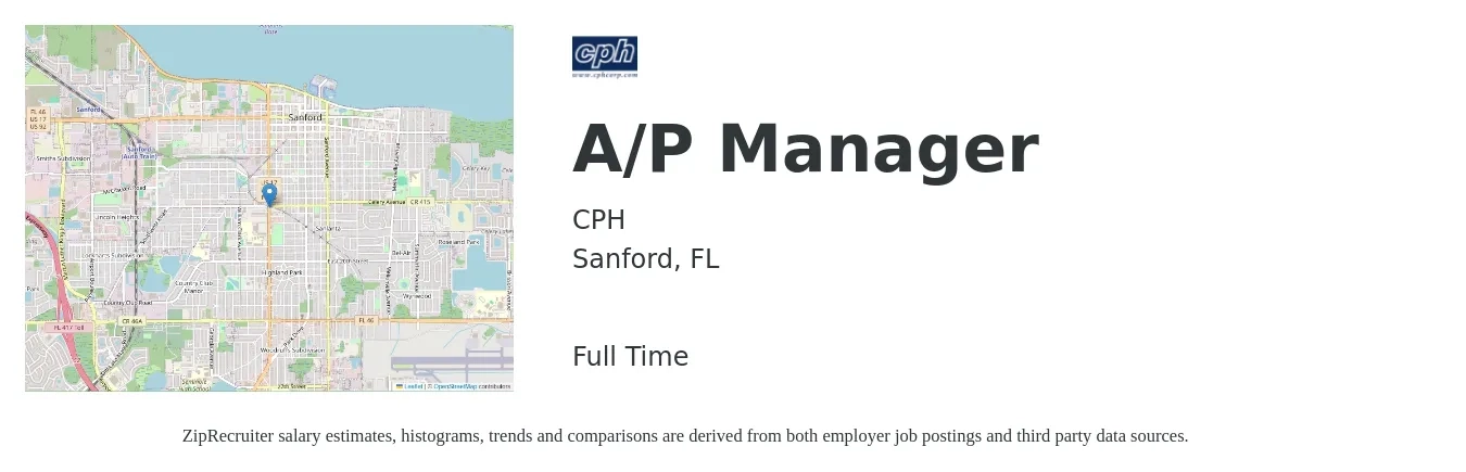 CPH job posting for a A/P Manager in Sanford, FL with a salary of $56,400 to $77,500 Yearly with a map of Sanford location.