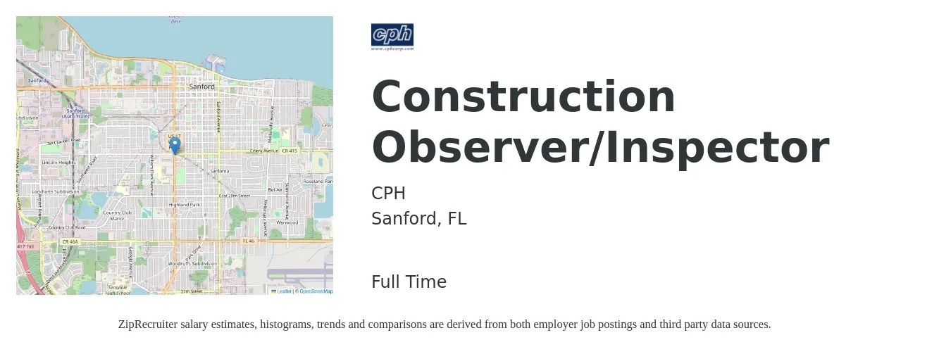 CPH job posting for a Construction Observer/Inspector in Sanford, FL with a salary of $42,600 to $67,200 Yearly with a map of Sanford location.