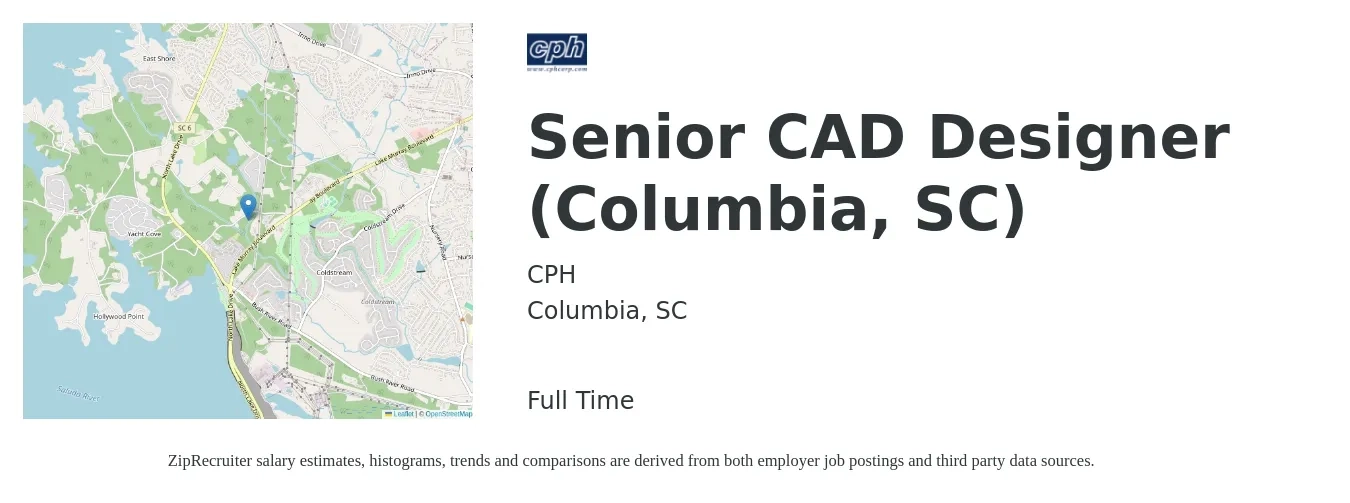 CPH job posting for a Senior CAD Designer (Columbia, SC) in Columbia, SC with a salary of $94,400 to $100,800 Yearly with a map of Columbia location.
