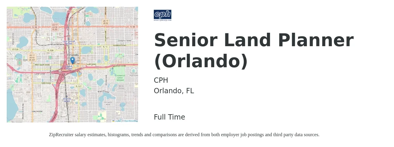CPH job posting for a Senior Land Planner (Orlando) in Orlando, FL with a salary of $68,600 to $97,100 Yearly with a map of Orlando location.