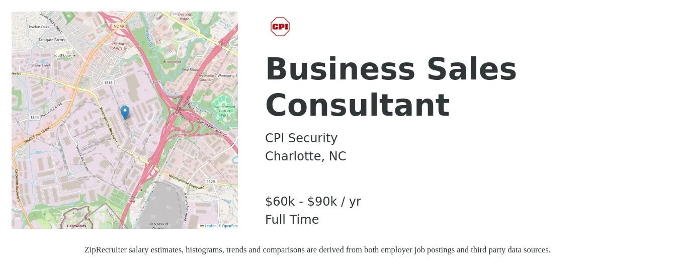CPI Security job posting for a Business Sales Consultant in Charlotte, NC with a salary of $60,000 to $90,000 Yearly with a map of Charlotte location.