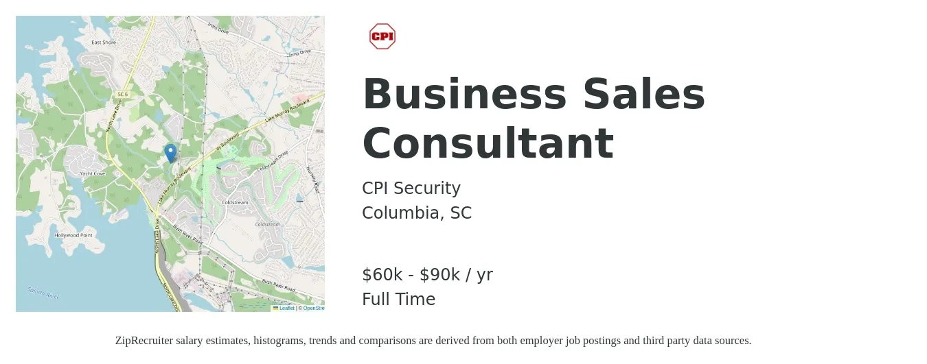 CPI Security job posting for a Business Sales Consultant in Columbia, SC with a salary of $60,000 to $90,000 Yearly with a map of Columbia location.