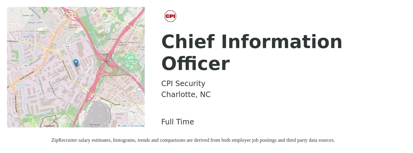 CPI Security job posting for a Chief Information Officer in Charlotte, NC with a salary of $122,100 to $184,100 Yearly with a map of Charlotte location.