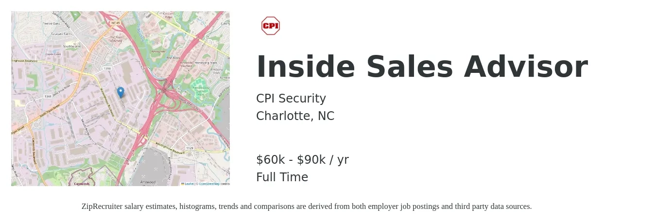 CPI Security job posting for a Inside Sales Advisor in Charlotte, NC with a salary of $60,000 to $90,000 Yearly with a map of Charlotte location.