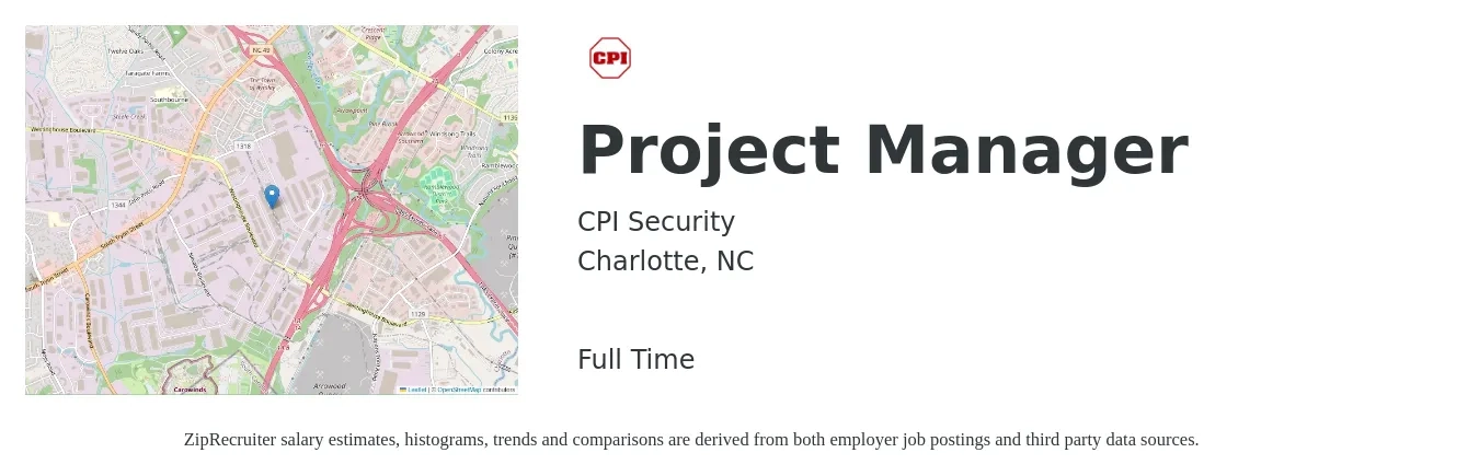 CPI Security job posting for a Project Manager in Charlotte, NC with a salary of $76,700 to $120,100 Yearly with a map of Charlotte location.