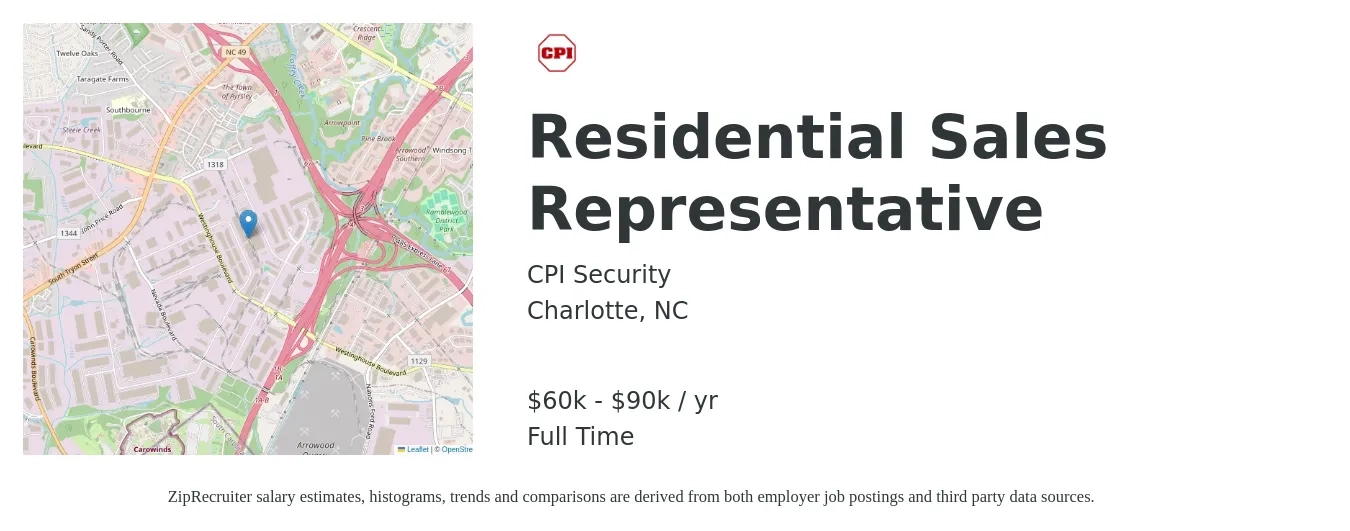 CPI Security job posting for a Residential Sales Representative in Charlotte, NC with a salary of $60,000 to $90,000 Yearly with a map of Charlotte location.