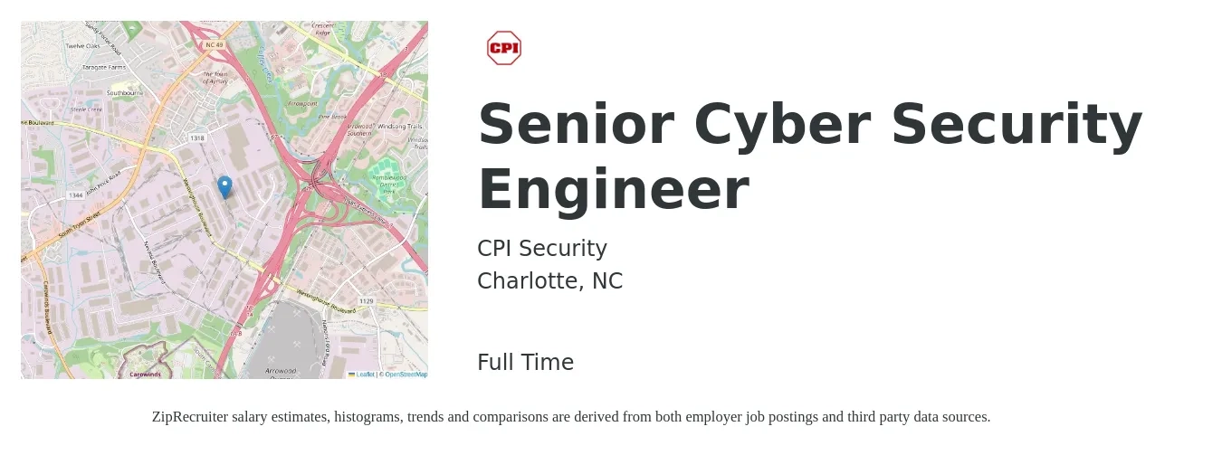 CPI Security job posting for a Senior Cyber Security Engineer in Charlotte, NC with a salary of $111,800 to $153,300 Yearly with a map of Charlotte location.