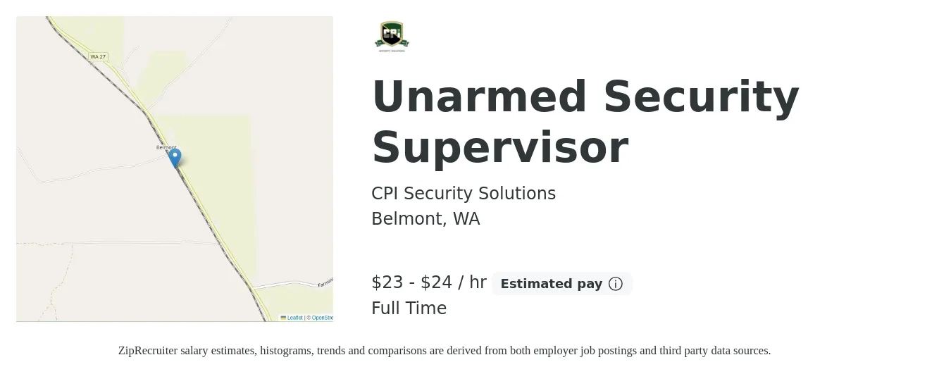 CPI Security Solutions job posting for a Unarmed Security Supervisor in Belmont, WA with a salary of $24 to $25 Hourly with a map of Belmont location.