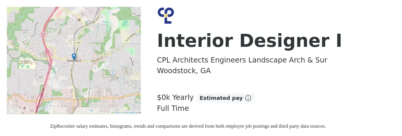 CPL Architects Engineers Landscape Arch & Sur job posting for a Interior Designer I in Woodstock, GA with a salary of $47,000 to $71,000 Yearly with a map of Woodstock location.