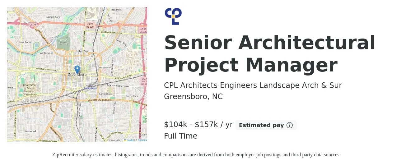 CPL Architects Engineers Landscape Arch & Sur job posting for a Senior Architectural Project Manager in Greensboro, NC with a salary of $104,000 to $157,000 Yearly with a map of Greensboro location.