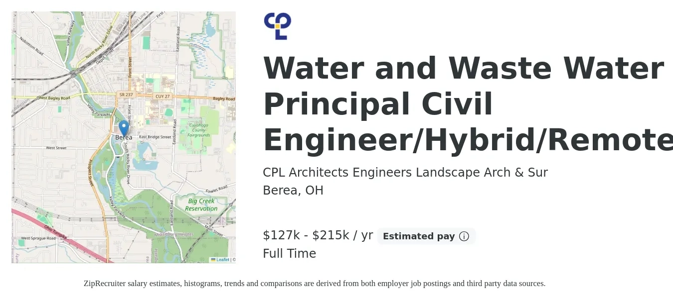 CPL Architects Engineers Landscape Arch & Sur job posting for a Water and Wastewater Principal Civil Engineer/Hybrid/Remote in Berea, OH with a salary of $127,000 to $215,000 Yearly with a map of Berea location.