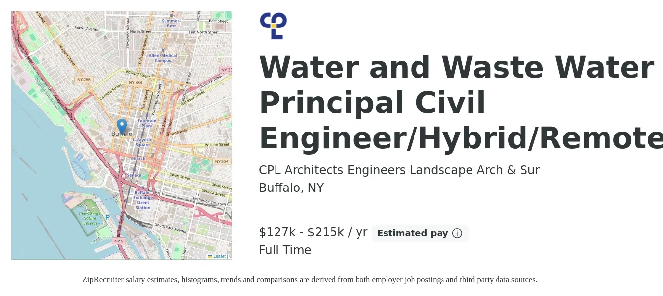 CPL Architects Engineers Landscape Arch & Sur job posting for a Water and Wastewater Principal Civil Engineer/Hybrid/Remote in Buffalo, NY with a salary of $127,000 to $215,000 Yearly with a map of Buffalo location.