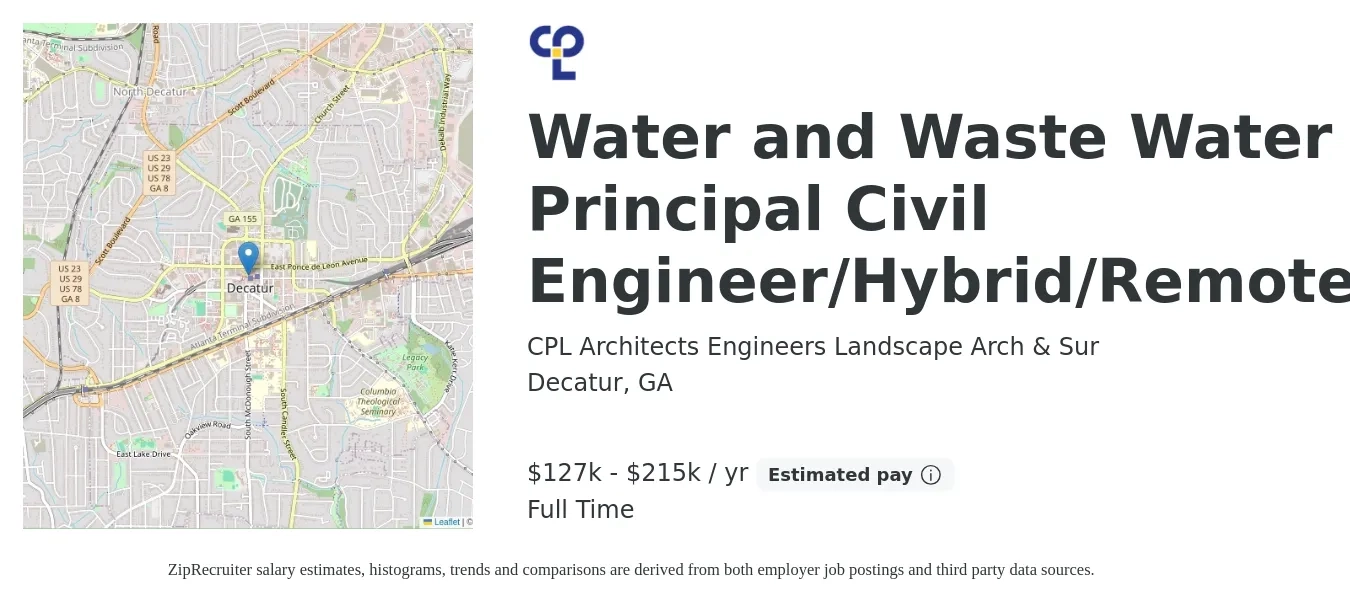 CPL Architects Engineers Landscape Arch & Sur job posting for a Water and Wastewater Principal Civil Engineer/Hybrid/Remote in Decatur, GA with a salary of $127,000 to $215,000 Yearly with a map of Decatur location.