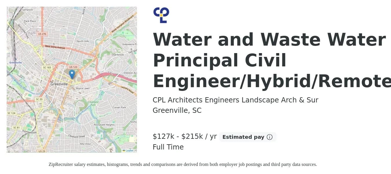 CPL Architects Engineers Landscape Arch & Sur job posting for a Water and Wastewater Principal Civil Engineer/Hybrid/Remote in Greenville, SC with a salary of $127,000 to $215,000 Yearly with a map of Greenville location.