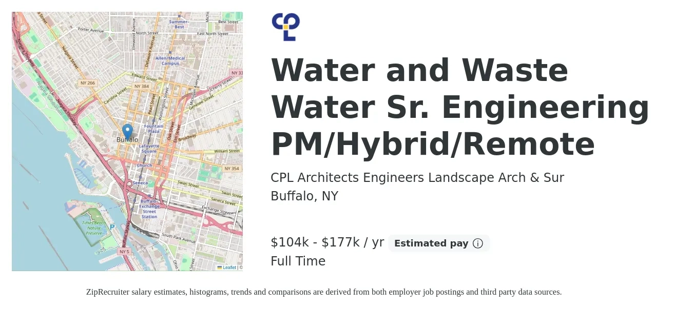 CPL Architects Engineers Landscape Arch & Sur job posting for a Water and Wastewater Sr. Engineering PM/Hybrid/Remote in Buffalo, NY with a salary of $104,000 to $177,000 Yearly with a map of Buffalo location.