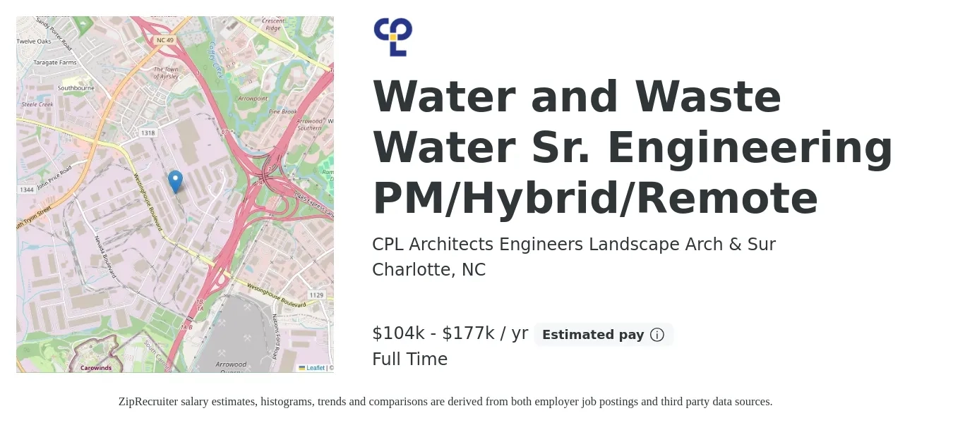 CPL Architects Engineers Landscape Arch & Sur job posting for a Water and Wastewater Sr. Engineering PM/Hybrid/Remote in Charlotte, NC with a salary of $104,000 to $177,000 Yearly with a map of Charlotte location.