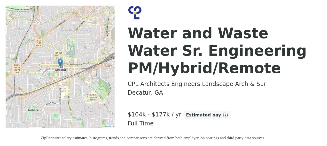 CPL Architects Engineers Landscape Arch & Sur job posting for a Water and Wastewater Sr. Engineering PM/Hybrid/Remote in Decatur, GA with a salary of $104,000 to $177,000 Yearly with a map of Decatur location.