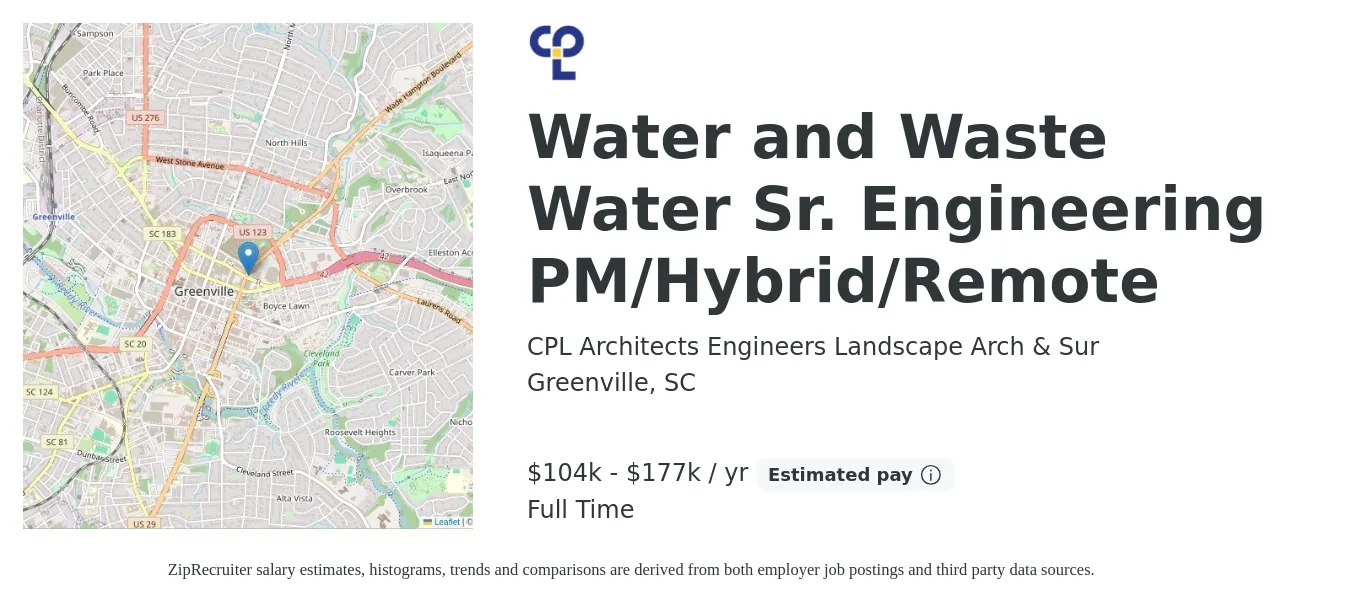 CPL Architects Engineers Landscape Arch & Sur job posting for a Water and Wastewater Sr. Engineering PM/Hybrid/Remote in Greenville, SC with a salary of $104,000 to $177,000 Yearly with a map of Greenville location.