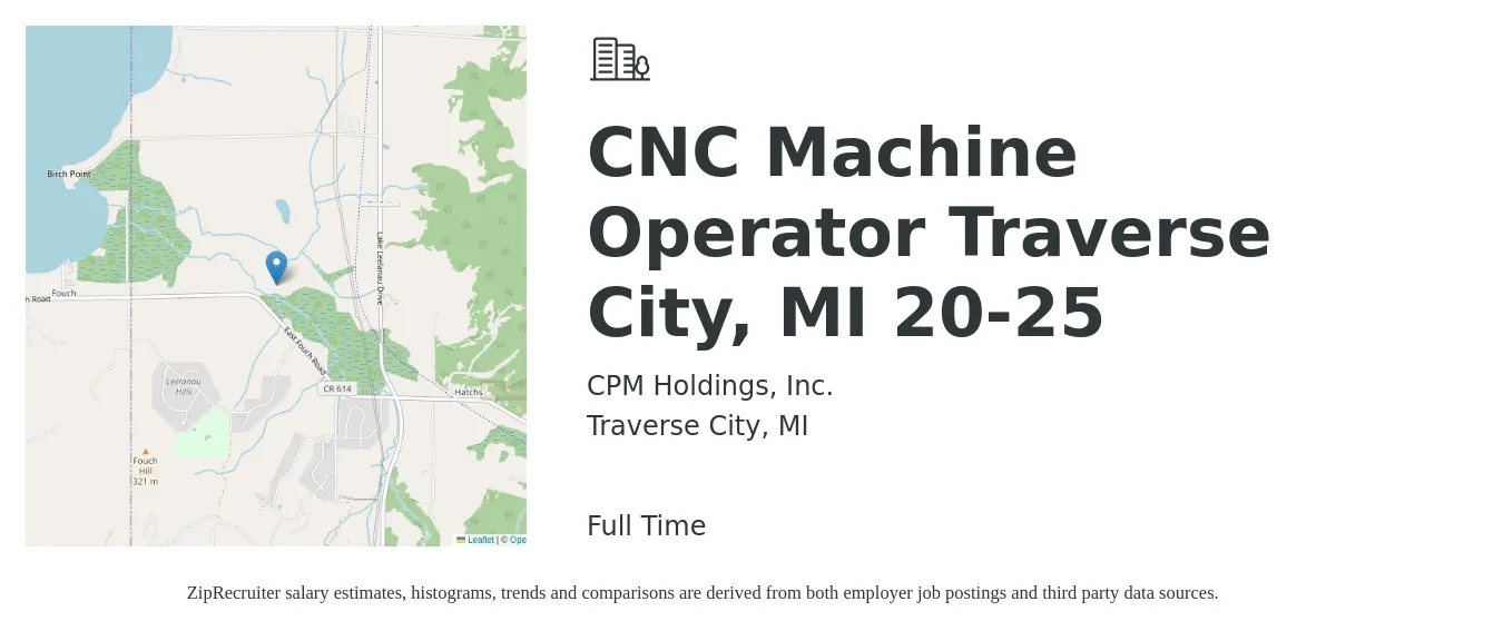 CPM Holdings, Inc. job posting for a CNC Machine Operator Traverse City, MI 20-25 in Traverse City, MI with a salary of $20 to $28 Hourly with a map of Traverse City location.