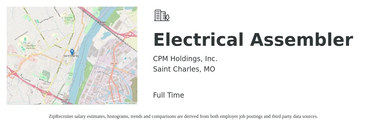 CPM Holdings, Inc. job posting for a Electrical Assembler in Saint Charles, MO with a salary of $16 to $21 Hourly with a map of Saint Charles location.