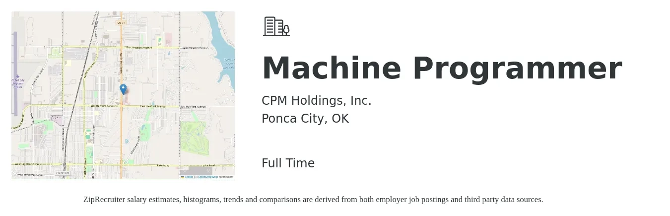 CPM Holdings, Inc. job posting for a Machine Programmer in Ponca City, OK with a salary of $18 to $23 Hourly with a map of Ponca City location.