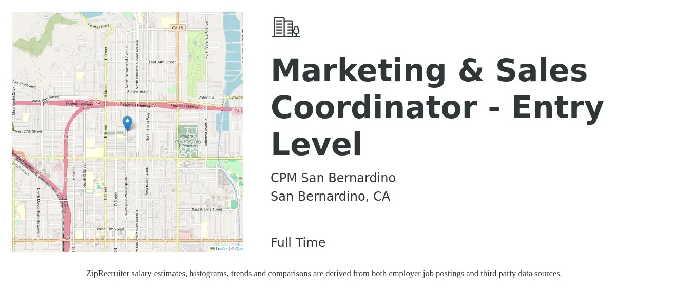CPM San Bernardino job posting for a Marketing & Sales Coordinator - Entry Level in San Bernardino, CA with a salary of $2,400 to $4,400 Monthly with a map of San Bernardino location.